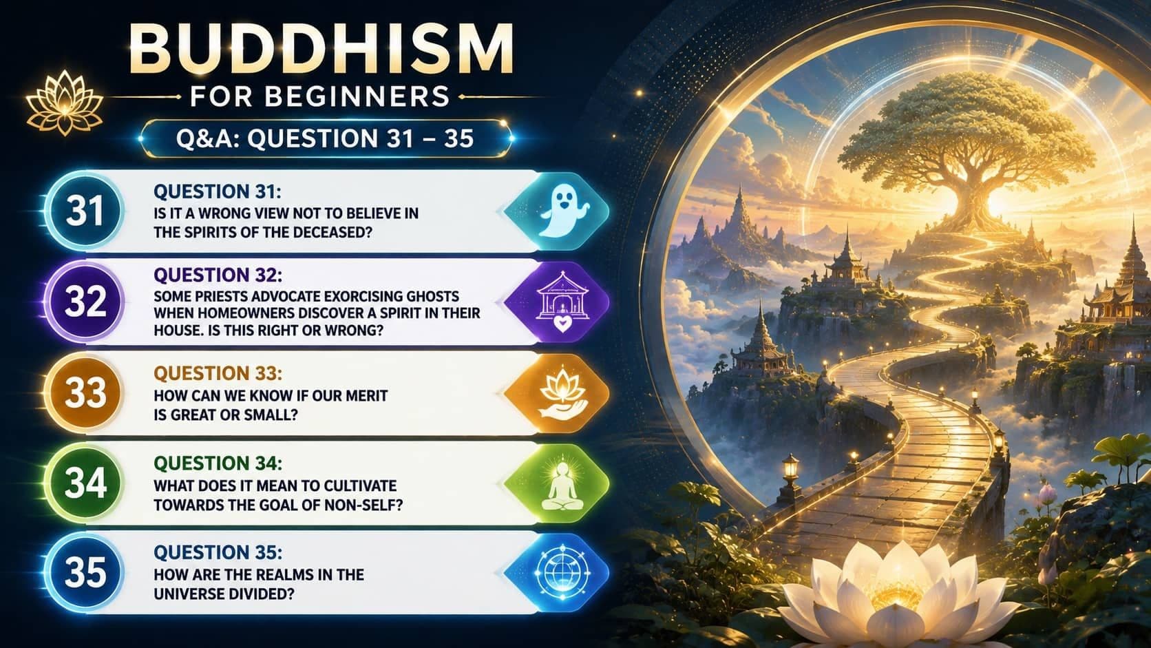 Buddhism for Beginners – Q&A Questions 31–35 about spirits, merit, non-self and Buddhist realms