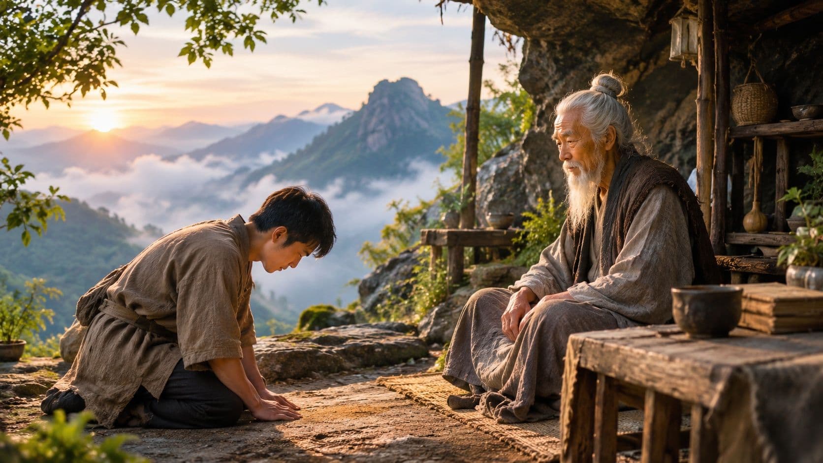 A young man meeting a wise hermit in a secluded mountain retreat and learning about transcendence