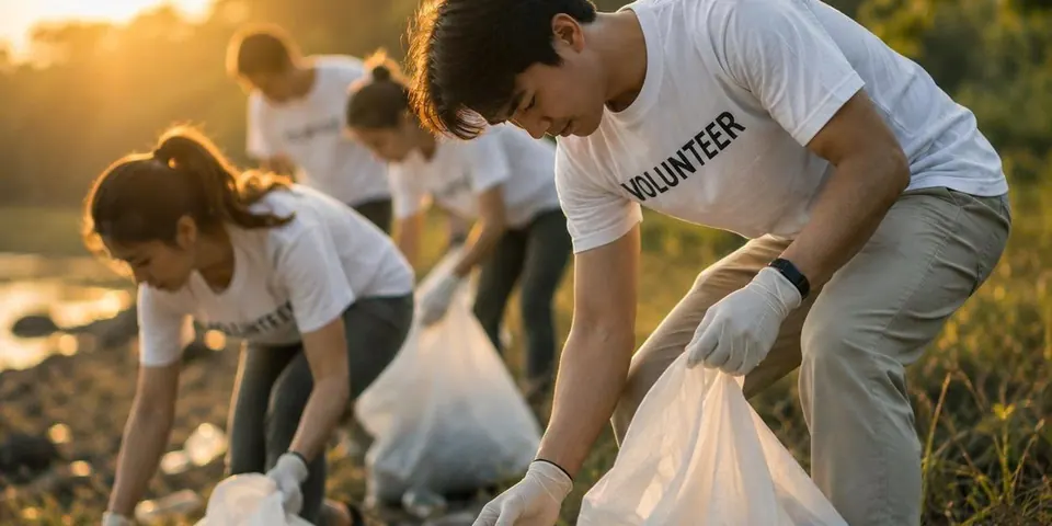 Volunteers picking up litter together outdoors