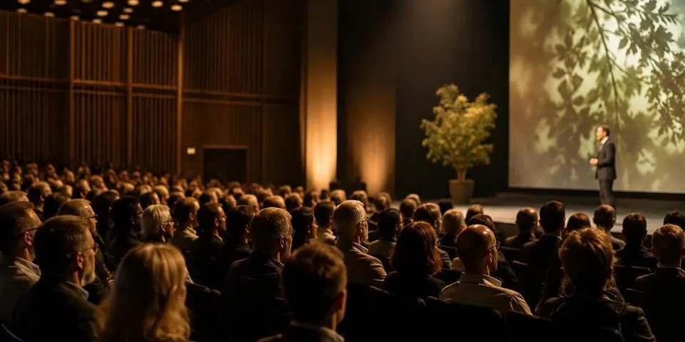 An audience gathered for a talk