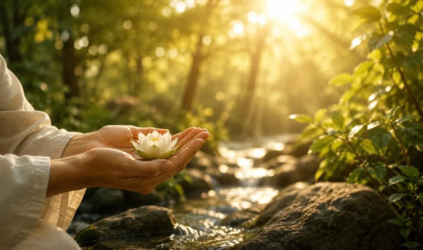 Hands cupping a white lotus beside a sunlit forest stream